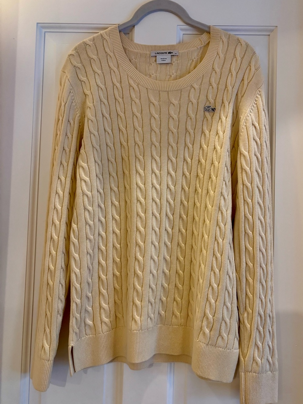 Lacoste Cream/Butter Cable-Knit Crewneck Sweater - size Large